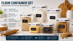 Large flour container set with multiple container sizes for efficient kitchen and pantry storage