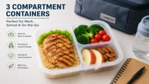 Durable 3 compartment containers used for work and school lunches