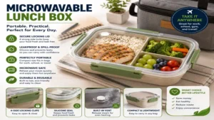 Microwavable lunch box with portable, lightweight, and secure design for work, school, gym, and travel.