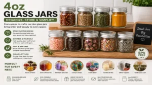 4oz glass jars for food storage, cosmetics, homemade products, and creative DIY uses