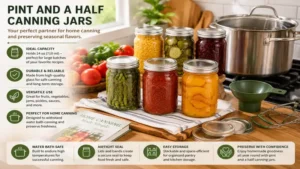 Home canning setup featuring pint and a half canning jars prepared for fresh seasonal produce