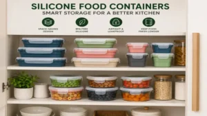 Durable silicone food containers neatly organized in a modern kitchen cabinet for convenient food storage.