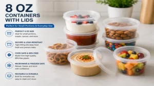 Reusable 8 oz containers with lids designed for snacks, sauces, and small portions