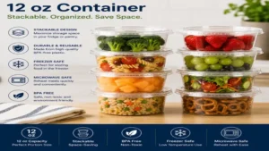 Multiple stackable 12 oz container units for efficient pantry and fridge storage.