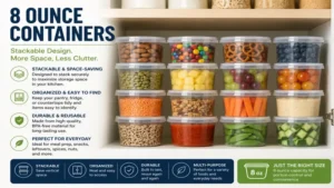 Stackable 8 ounce containers neatly arranged to save cabinet space