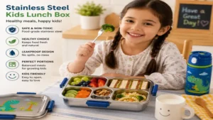 Stainless steel kids lunch box prepared with balanced homemade lunch for children
