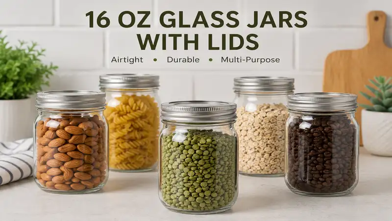 16 oz glass jars with lids displayed in a clean kitchen for organized food storage