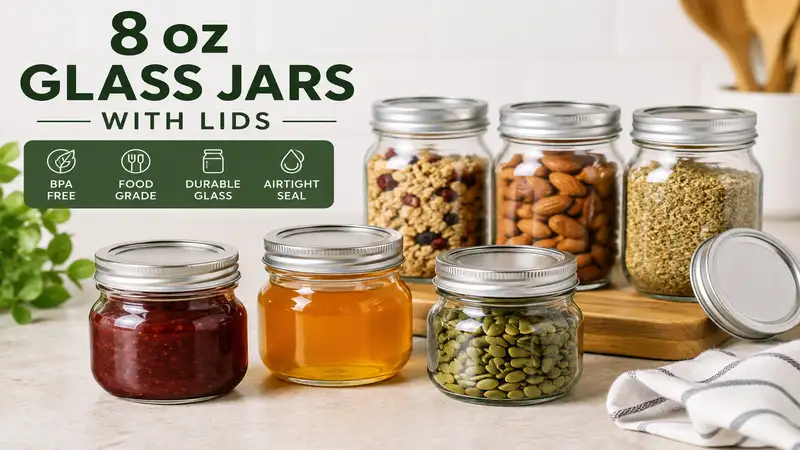 8 oz glass jars with lids arranged for food storage and kitchen organization