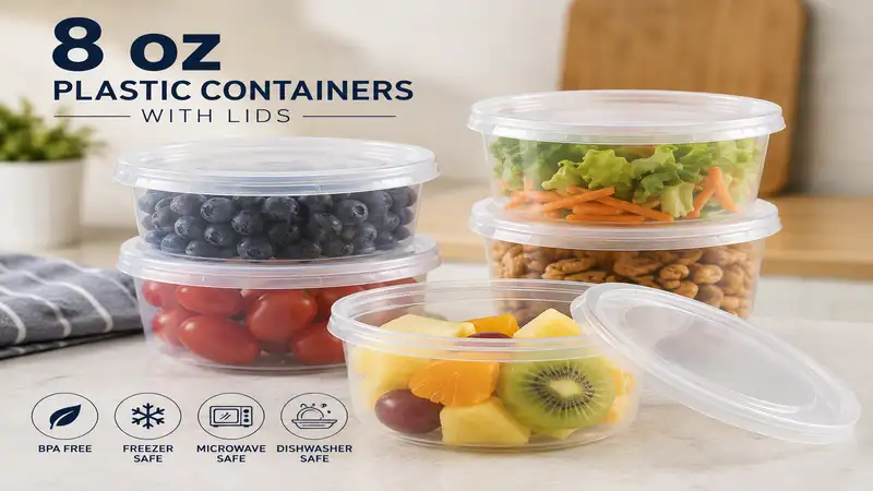 8 oz plastic containers with lids arranged for convenient food storage