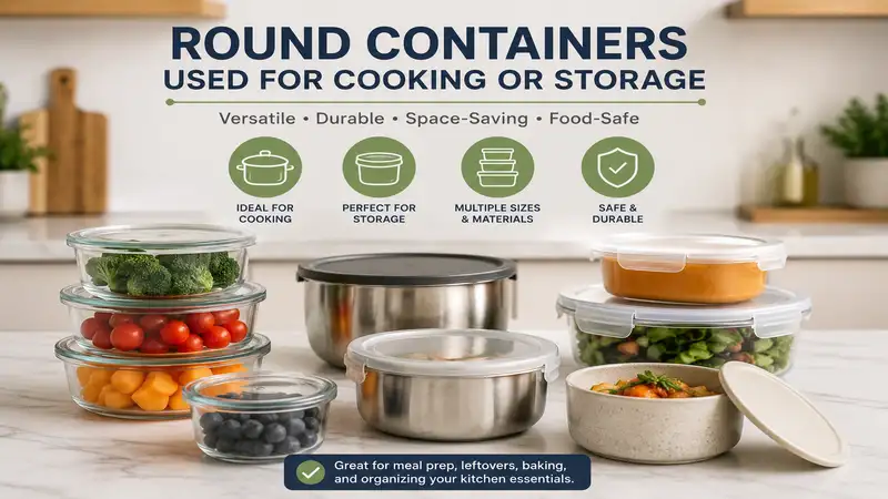 Round containers used for cooking or storage displayed in a modern kitchen with various sizes and materials for everyday food preparation.