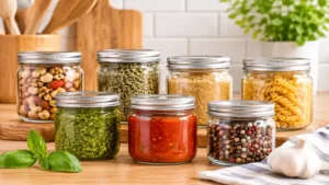 8 oz glass jars used for storing homemade sauces, spices, and pantry ingredients