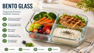 Clear bento glass container showing separated food portions for practical meal preparation and storage.