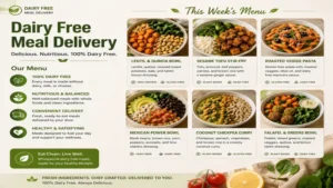 Dairy free meal delivery menu with a variety of fresh meals for different dietary preferences