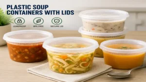 Plastic soup containers with tight-fitting lids to help prevent spills during transport