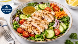 Fresh grilled chicken salad served as one of the best weight watchers lunch meals for a healthy and satisfying lunch.