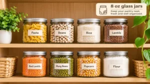 Organized pantry shelf featuring labeled 8 oz glass jars filled with dry ingredients