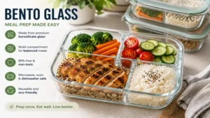 Bento glass meal prep container with vegetables, rice, and protein arranged in separate sections.
