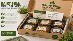 Dairy free meal delivery box containing fresh prepared meals packaged for convenient home delivery