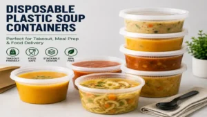 Plastic soup containers designed as disposable containers for takeout, meal prep, and food delivery