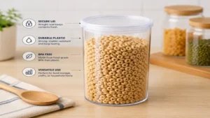 Plastic cylinder container with secure lid for airtight storage and protection