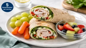 Whole wheat turkey wrap filled with fresh vegetables, a delicious option for weight watchers lunch meals.