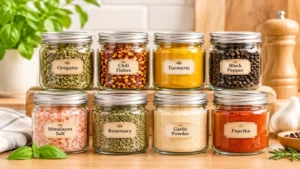 Small 8 oz glass jars filled with colorful spices and seasonings for convenient kitchen use