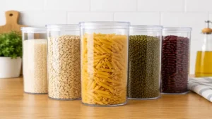 Plastic cylinder storage container used for pantry organization and dry goods