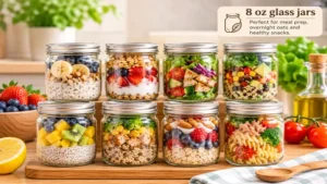 8 oz glass jars prepared with individual portions of overnight oats and healthy meal-prep ingredients