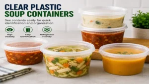 Plastic soup containers with a clear design for easy food identification and storage
