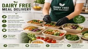 Dairy free meal delivery preparation showing fresh ingredients being assembled into balanced meals 