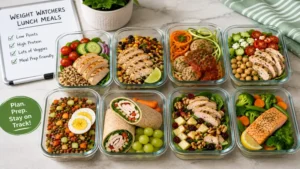 Weekly meal prep containers featuring easy weight watchers lunch meals for convenient healthy eating.