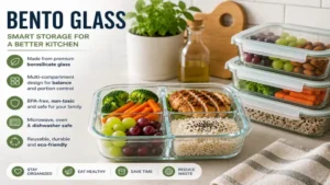 Bento glass food storage container displayed in a modern kitchen for organized meal storage.