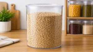 Large plastic cylinder container designed for bulk storage and easy access