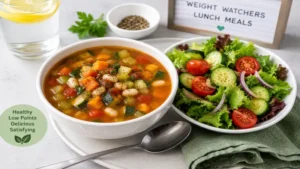 Vegetable soup with a fresh green salad makes comforting weight watchers lunch meals for everyday lunches.