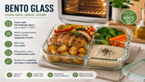 Bento glass container holding a prepared meal, highlighting convenient cooking, serving, and food storage.