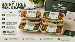 Dairy free meal delivery packaging with labeled containers arranged for convenient refrigerated storage