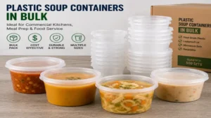 Plastic soup containers available in bulk for commercial kitchens and food service businesses