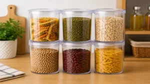 Stackable plastic cylinder container maximizing storage space in kitchens and offices