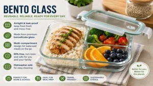 Reusable bento glass container with a secure lid for everyday lunches, meal prep, and food organization.
