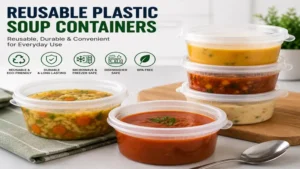 Plastic soup containers that are reusable for meal prep, food storage, and everyday use