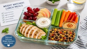Balanced bento lunch box with lean protein, fruits, vegetables, and grains for weight watchers lunch meals.