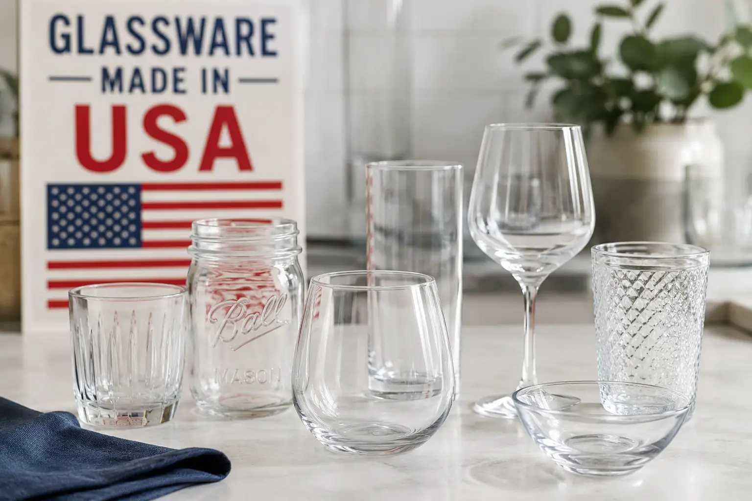 Glassware made in USA featuring clear drinking glasses and durable glass kitchenware