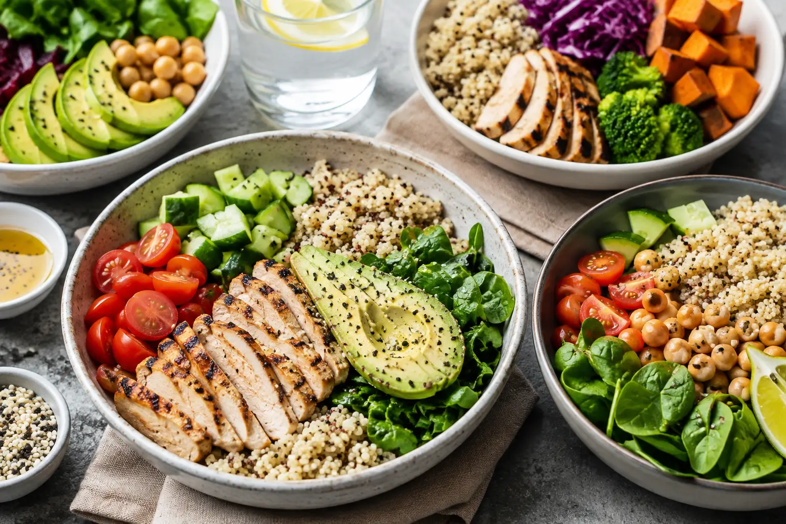Healthy lunch bowls with grilled chicken, quinoa, avocado, vegetables, and leafy greens
