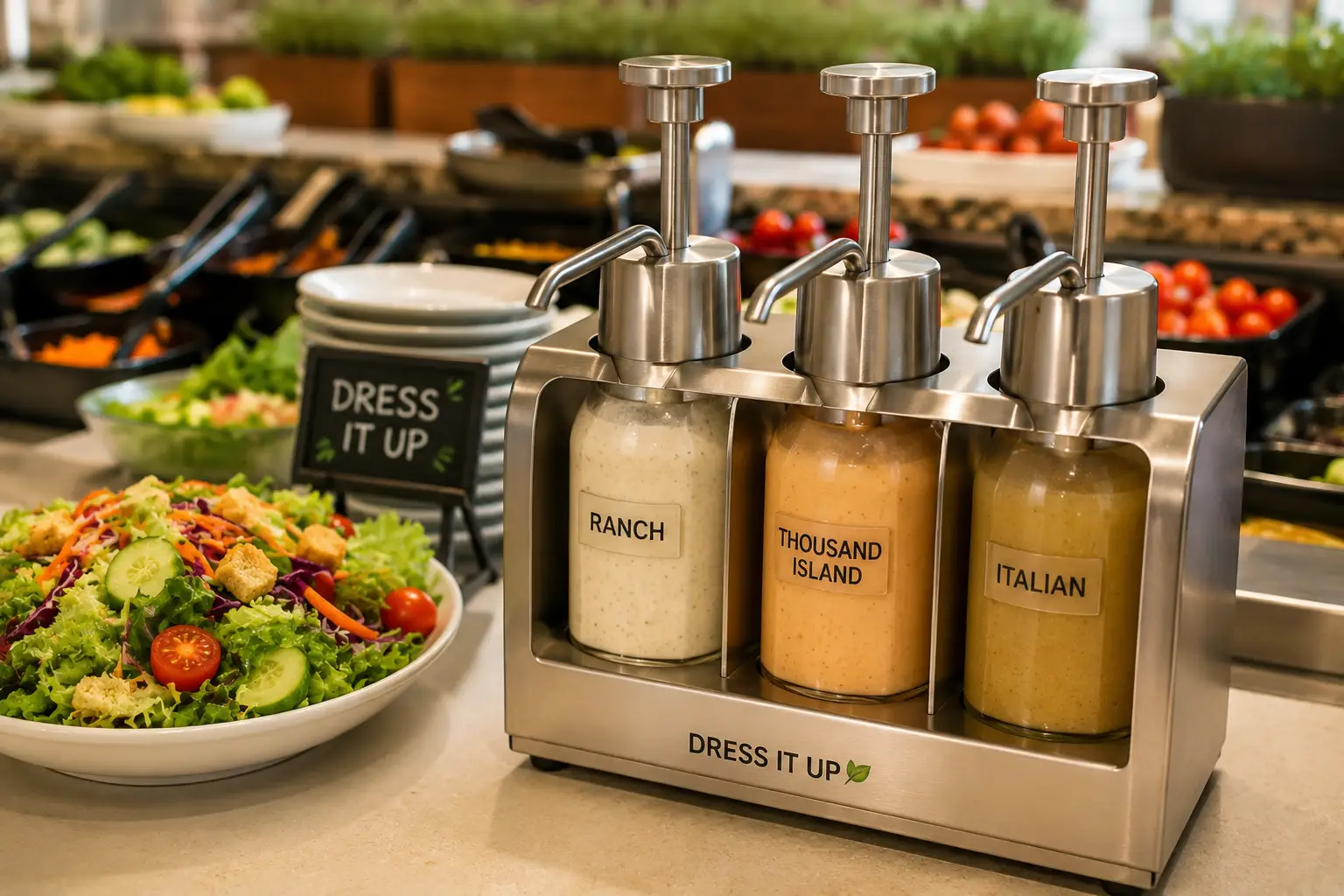 Salad dressing dispenser with multiple dressing options beside a fresh salad
