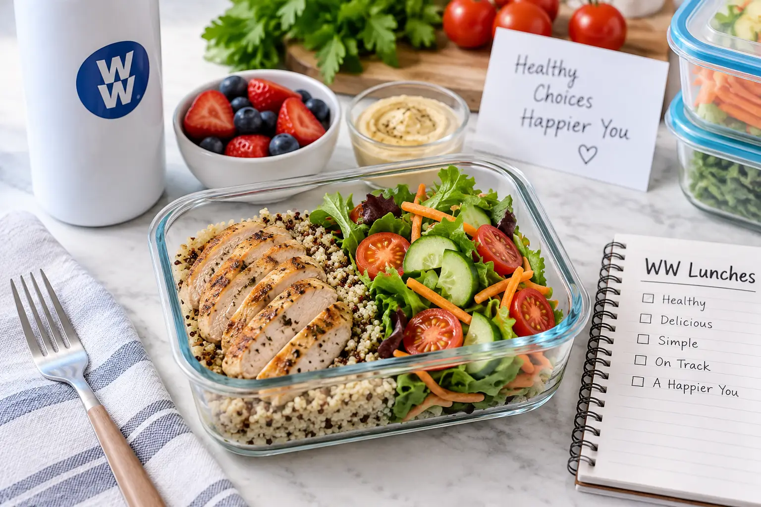 WW lunches with grilled chicken, quinoa, fresh vegetables, and healthy meal prep containers