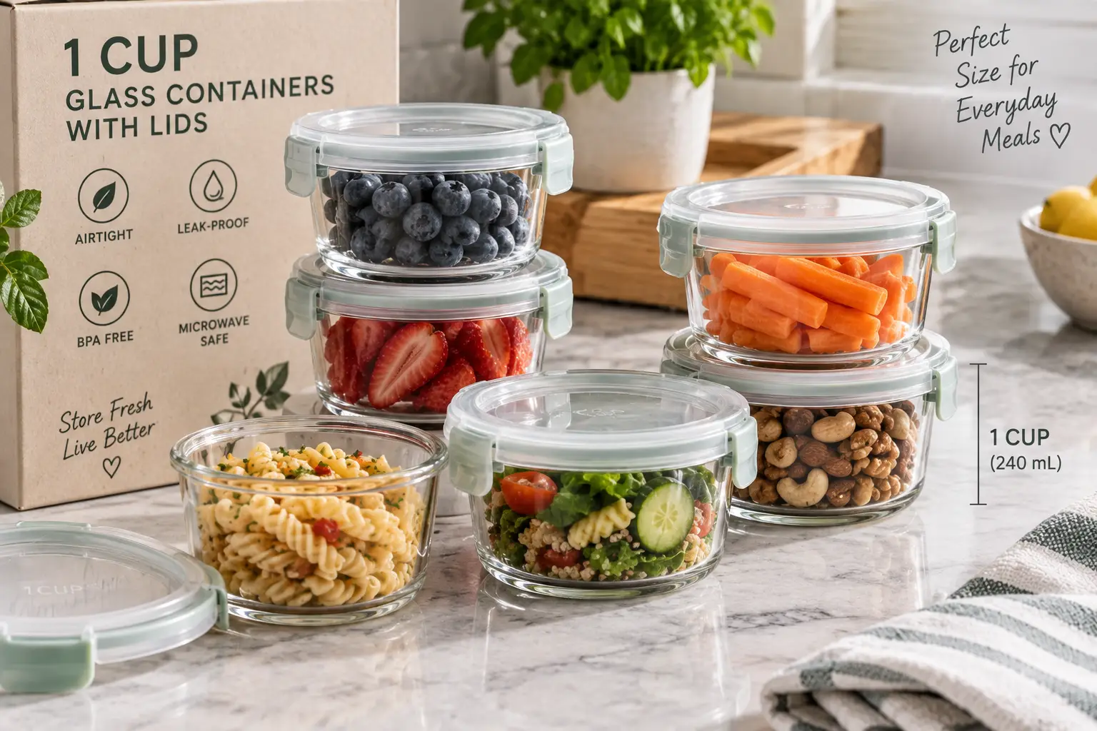 1 cup glass containers with lids for storing fresh food, snacks, and meal prep