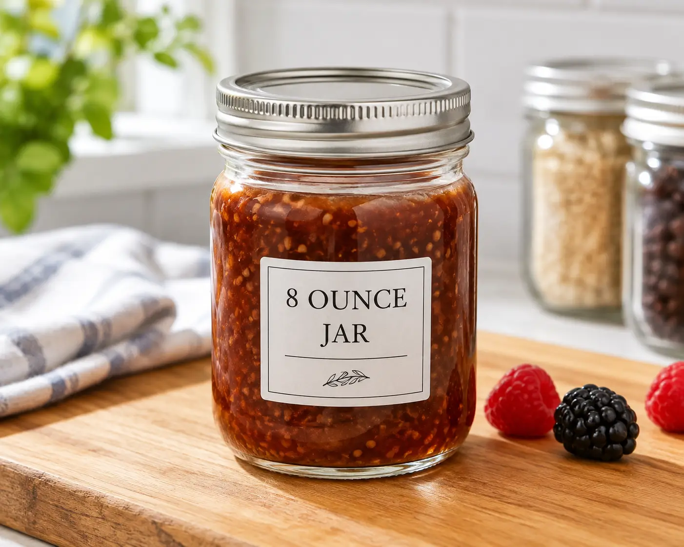 8 ounce glass jar with silver lid filled with homemade berry jam