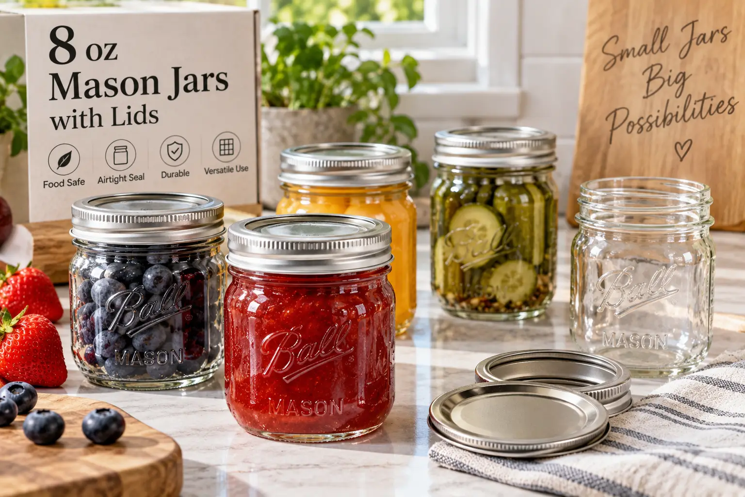 8 oz mason jars with lids filled with preserves and pickles on a bright kitchen counter