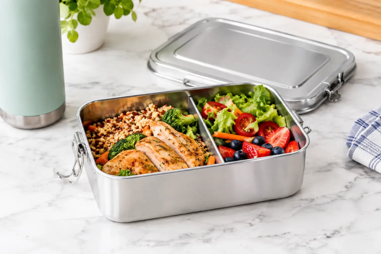 Aluminum lunch box filled with a healthy meal of grilled chicken, quinoa, vegetables, salad, and fresh berries