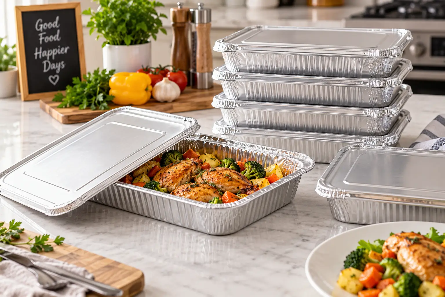 Aluminum trays with lids filled with prepared meals on a bright kitchen countertop